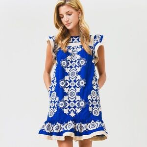 Sea NY Manuela Flutter Sleeve tunic dress S Blue Embroidered Linen New no tags